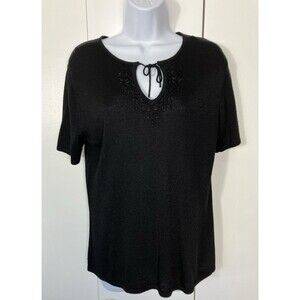 Sag Harbor Black Knit top with Embroidered Tie Neckline detail Size Small